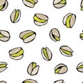 Seamless with Shelled Pistachio Nuts. Isolated On a White Background Doodle Cartoon Hand Drawn Sketch Vector