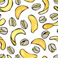 Seamless with Shelled Pistachio Nuts and Potato Chips. Isolated On a White Background Doodle Cartoon Hand Drawn Sketch Vector Illu Royalty Free Stock Photo
