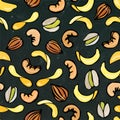 Seamless with Shelled Pistachio, Potato Chips, Almond and Cashew Nuts.Isolated on a Black Chalkboard Background. Doodle Royalty Free Stock Photo