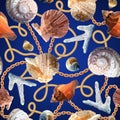 Seamless with shells, coral and chains. Marine motif background. Pattern with sea shells. Royalty Free Stock Photo