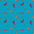 Seamless shoe pattern. Glamour design element. High heeled red and orange shoes and lip print turquoise background for