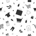 Seamless Shopping pattern decorated with shirts, pants, shoes, cart, gift, price tag, and shopping bag. Vector illustration Royalty Free Stock Photo