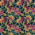 Seamless simple cute pattern of colorful curled design elements like flowers or plants on navy background.Endless ornament.