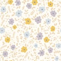 Seamless simple floral pattern in pastel blue, lilac, yellow and beige colors