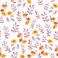 Seamless simple floral pattern. Vintage cute flowers and leaves on white background. Watercolor Royalty Free Stock Photo
