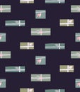 Seamless simple holiday pattern with green hygge gift boxes with ribbons and branches decorations on violet background. Vector