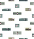 Seamless simple holiday pattern with green hygge gift boxes with ribbons and branches decorations on white background. Vector