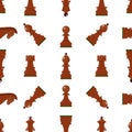 Seamless simple pattern with chess wooden figures. Brown pieces. Vector. King, queen, pawn, rook, horse, bishop.