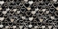 Seamless simple pattern with light beige hearts on a black background. Vector hand drawn sketch. Print with set textured hearts