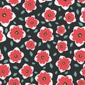 Seamless simple pattern. Minimal style. Red flowers and green leaves