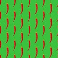 Seamless simple pattern of one red hot pepper on green background