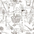 Seamless sketch with gardening tools