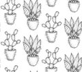 Seamless sketch texture of cactuses in pots with hatching. Fabric with contour homemade flowers. Monochrome wallpaper Royalty Free Stock Photo