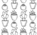 Seamless sketch texture with homemade cacti and succulents in pots with hatching in a row. Decorations for the interior