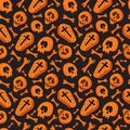 Seamless skull, bone and coffin pattern on black background in . Orange skeleton background. Bright design for textiles,