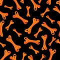 Seamless skull and bone pattern on black background in . Background of orange skeleton. Bright design for textile, paper,