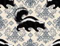 Seamless Skunk Pattern with Damask Background Royalty Free Stock Photo