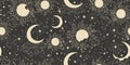 Seamless sky background with stars, sun and moon on a black background. Astrological celestial pattern for tarot, boho