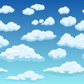Seamless sky with clouds. Cute cloudy blue sky 2d game pattern, heaven summer weather background vector texture