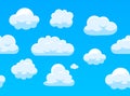 Seamless sky with white clouds. Cartoon blue skyscape border for computer game. Vector texture