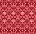 Seamless Slavic ethnic pattern on saturated red backdrop.