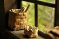 Seamless small splint baskets on window sill. Reflection in the window of handmade weaved rustic baskets