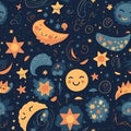 Seamless Smiling Moon Texture with Planets and Stars