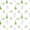 Seamless Snowmen with Trees and Holly