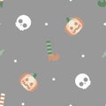seamless soft pastel happy halloween holiday festival with pumpkin, sock and shoes, candy and skull repeat pattern background