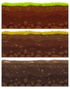 Seamless soil layers. Layered dirt clay, ground layer with stones and grass on dirts cliff texture vector pattern