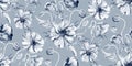 Seamless solid color light gray-blue floral pattern with poppies