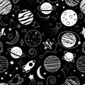 Seamless space background. White planets, stars, constellations and rockets on a black background. Royalty Free Stock Photo