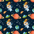 Seamless space pattern with astronaut, Earth, saturn, UFO, rockets and stars Royalty Free Stock Photo