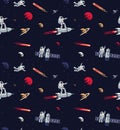 Seamless space pattern with astronauts, rockets, satellites and planets