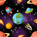 Seamless space pattern with Earth, saturn, UFO, rockets moon and stars Royalty Free Stock Photo