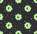 Seamless space pattern with grunge green and yellow yin yang flowers and stars