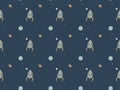 Seamless space pattern of hand-drawn cute foxes astronauts sitting on rockets and catching stars and planets against a dark sky. B