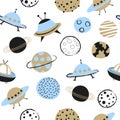 Seamless space pattern for kids with cartoon planets and UFO Royalty Free Stock Photo