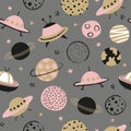 Seamless space pattern for kids. Vector background with cartoon planets and UFO Royalty Free Stock Photo