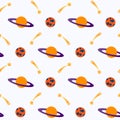 Seamless space pattern. Planets, rockets and stars, astronauts. Royalty Free Stock Photo