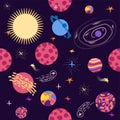 Seamless space pattern. Planets, rockets and stars. Cartoon spaceship icons. Kid\'s elements for scrap-booking Royalty Free Stock Photo