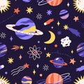 Seamless space pattern with planets and stars in dark sky. Childish galaxy background. Repeatable cosmos texture