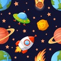 Seamless space pattern with planets, UFO, rockets and stars. Royalty Free Stock Photo