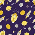 Seamless space pattern with rocket elements, planets, stars, pattern with the universe, cute cartoon style, yellow and