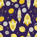 Seamless space pattern with rocket elements, planets, stars, pattern with the universe, cute cartoon style, yellow and