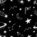 Seamless space pattern. Space flying saucer. Planets, rockets, stars. Doodle style UFO or alien flying saucer Royalty Free Stock Photo