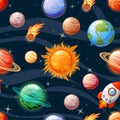 Seamless space pattern with Sun, Mercury, Venus, Earth, Mars, Jupiter, Saturn, Uranus, Neptune, Pluto, spaceship, asteroid and sta