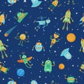 Seamless space robots pattern. Cute robot in space with stars and planets, colourful funny robots cartoon vector Royalty Free Stock Photo