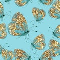 Seamless sparkle pattern of hand drawn golden butterflies