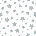 Seamless sparkle pattern with silver stars on white background. Vector illustration